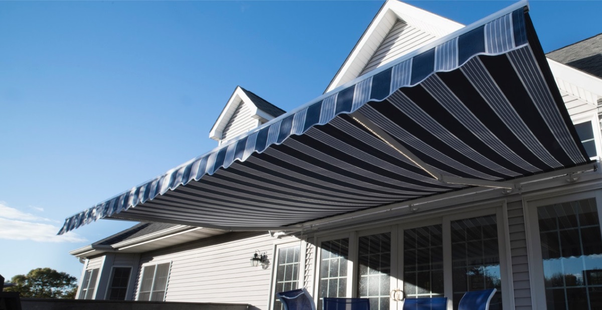 Awings View from underneath a white and blue striped awning