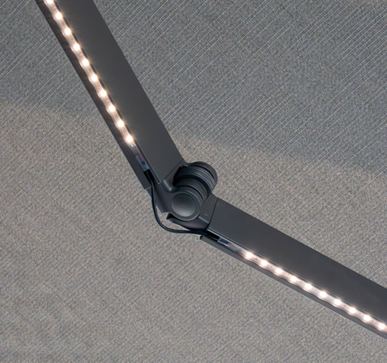 dimmable-led-lights A close-up of LED lights beneath an awning frame