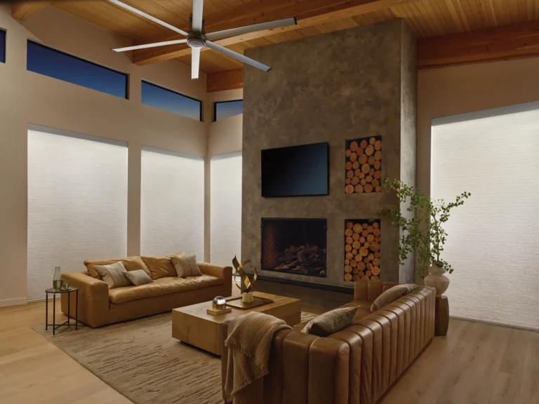 Aura Hunter Douglas Roller Shade in Living Room with Warm Light On