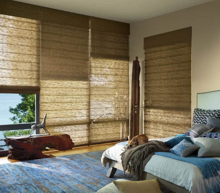Hunter Douglas Duolite Alustra Woven Textures Roman Shade with blackout liner available in grand junction colorado through Ambassador Blind N Shutter