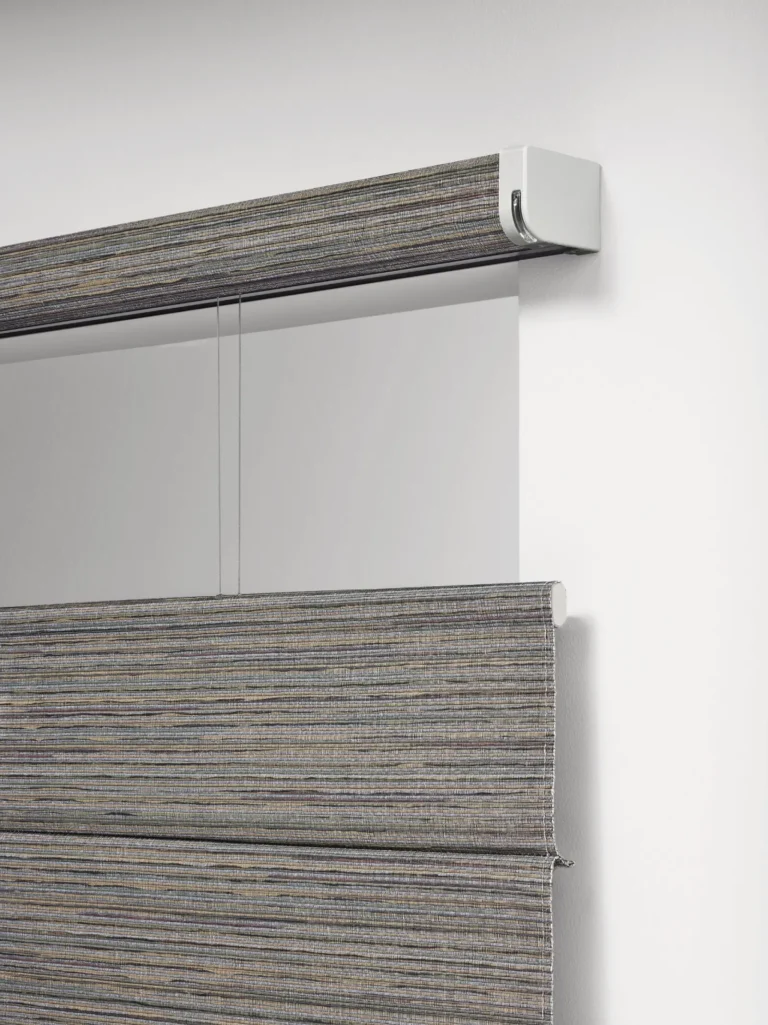 Fabric wrapped headrail of top down bottom up alustra woven textures hunter douglas blind
