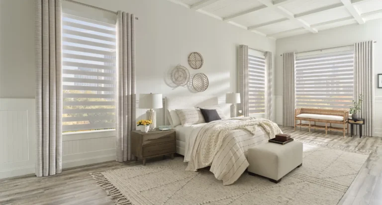 Motorized Hunter Douglas Designer Banded Shades in Bedroom dress with Drapery