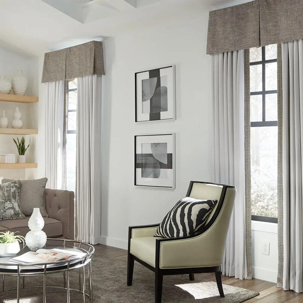 Spencer Rod Mounted Valance in Righteous Ashen with Drapery in Autumn Breeze Off White and Kaleidoscope Trimmings Jacquard Tape in Onyx