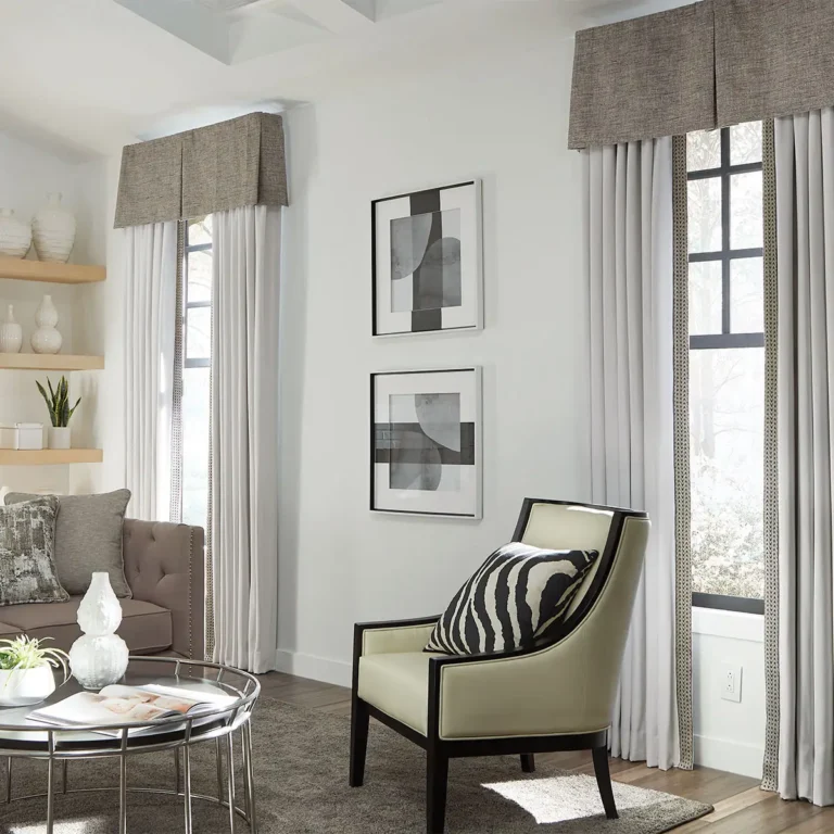 Spencer Rod Mounted Valance in Righteous Ashen with Drapery in Autumn Breeze Off White and Kaleidoscope Trimmings Jacquard Tape in Onyx