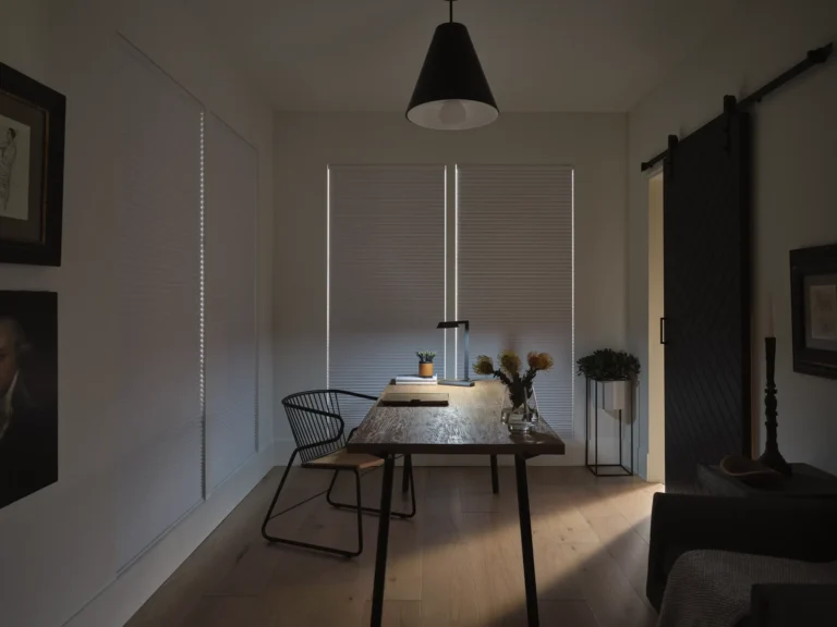 Duette Room Darkening Black Out Honey Comb Hunter Douglas Motorized Shades providing energy efficiency