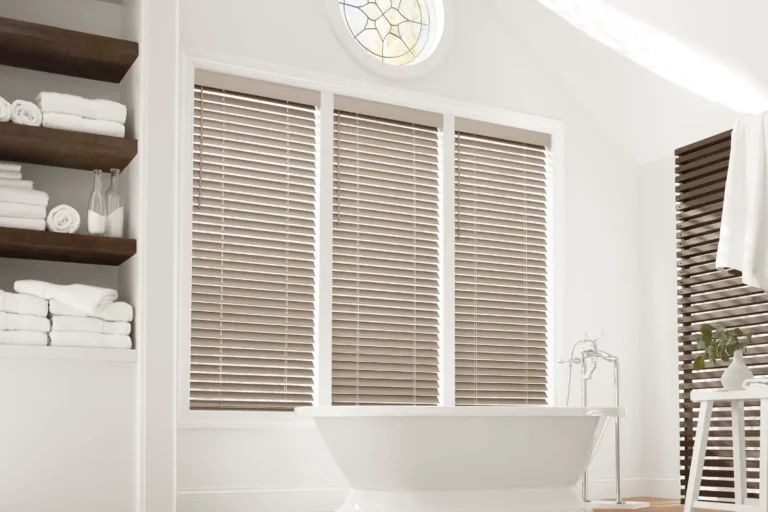 EverWood Faux Wood Blinds humidity resistant in bathroom above bathtub