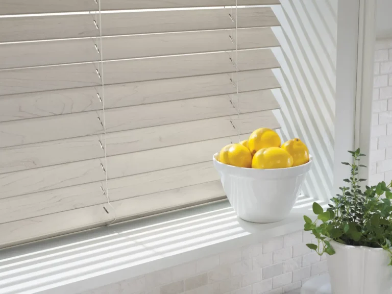 Detailed view of Hunter Douglas EverWood Faux Wood blinds available through ambassador blind n shutter