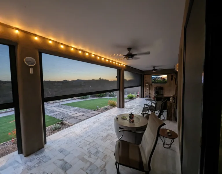 Interrior view of stucco patio enclosed with MagnaTrack patio shades to enable year round use