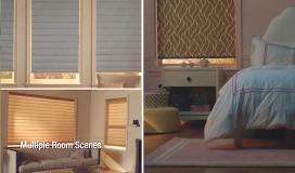 Three separate rooms with hunterdouglas powerview shades set on a scene to raise and lower together