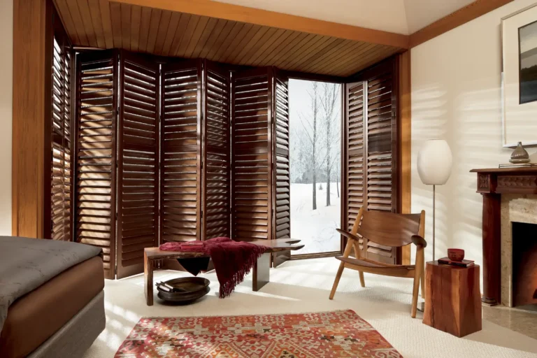 Brown new style hunter douglas faux wood shutters bi fold with hidden tilt