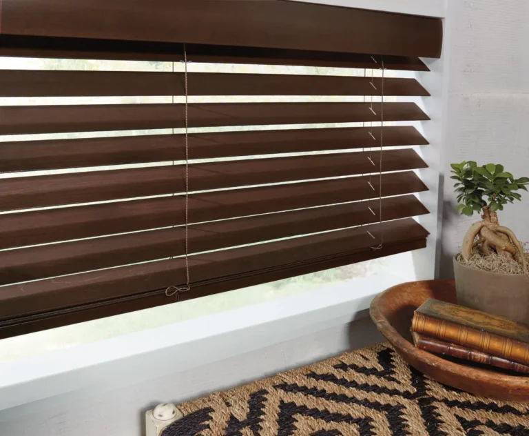 Detailed look at parkland wood blind simple lift available at ambassador blind n shutter in grand junction colorado
