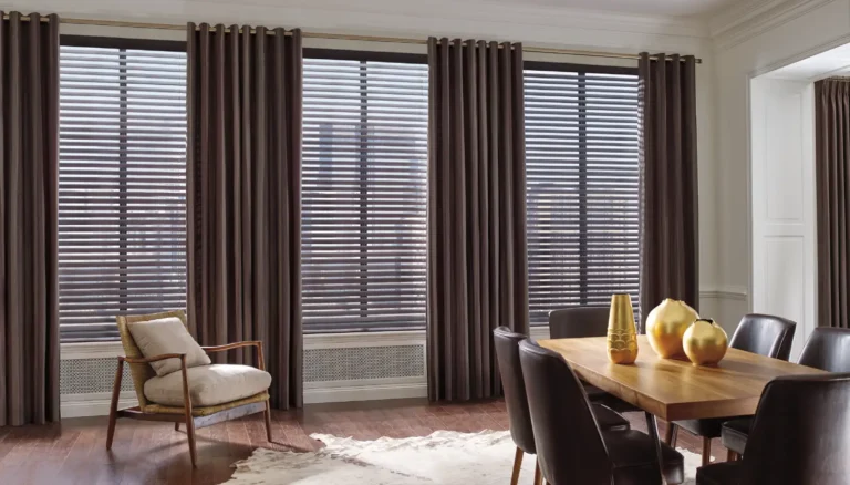 Hunter Douglas Parkland Wood Blinds with custom carole fabrics drapery side panels in dinning room