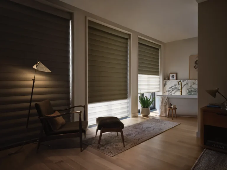 Hunter Douglas Pirouette Sheer Shades ADuex with blackout liner fully closed and partially opened