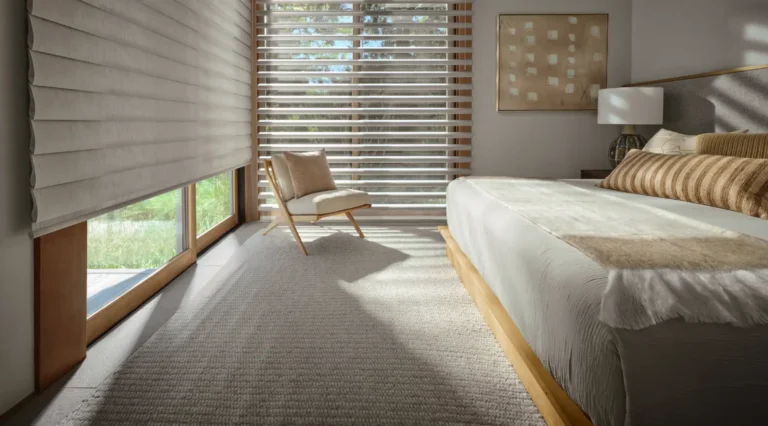 Hunter Douglas Pirouette manual operated shades in open and close position in bedroom available through ambassador blind n shutter in grand junction colorado