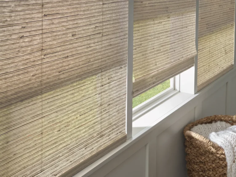 Close up detailed image of Provenance Woven Wood Roman Shade by Hunter Douglas