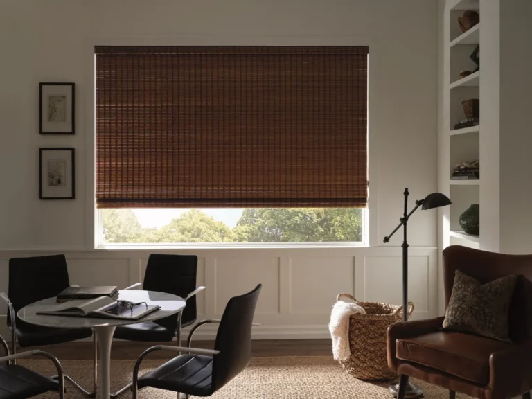 Hunter Douglas motorized Provenance Woven Wood with Opaque fabric in an office